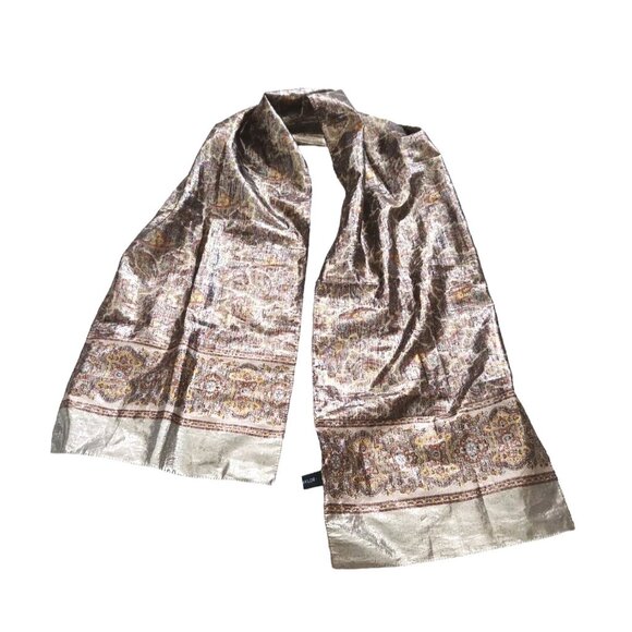 Morgan Taylor Gold Scarf Metallic Paisley Floral Vintage OS 57×11" Made In Italy - Picture 2 of 10